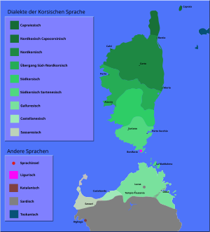 Verbreitungsgebiet und Dialekte des Korsischen auf Korsika und in Nordsardinien