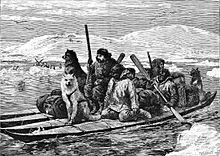 Heinrich Klutschak, Inuit, and sled dogs on kayaks crossing Simpson Strait
