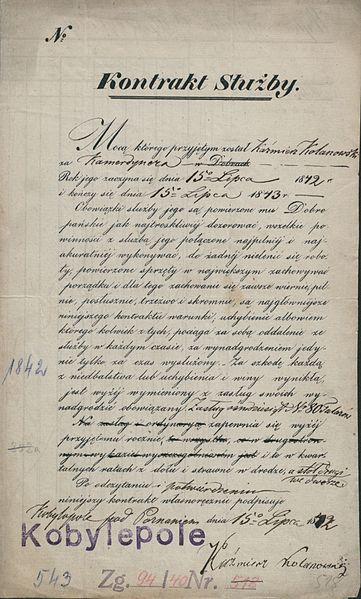 File:Kontrakt sluzby dla K Kolanowskiego o pelnienie obowiazkow kamerdynera, 1842 r..jpg