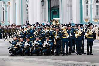 The brass section of the Band of the General Staff of the Armed Forces of Kyrgyzstan in St. Petersburg. Kyrgyz Military Band.jpg