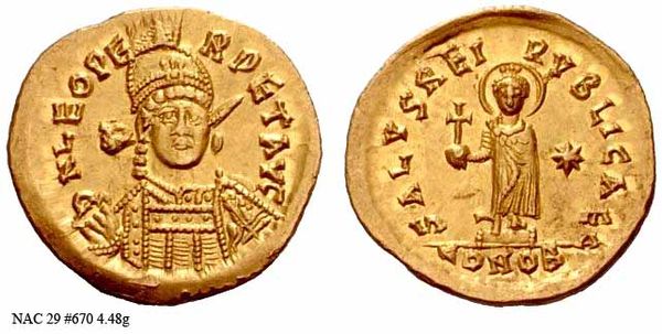 Solidus celebrating emperorship of Leo II. The emperor is coined as "Saviour of the Republic" — which the Empire continued to be in theory.