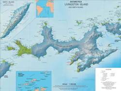 Topographic map of Livingston Island with the bases and base camps on the island including Camp Byers Livingston-Island-Map-2010-15.png