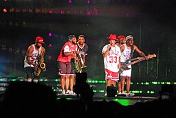 Mars and The Hooligans during the 24K Magic World Tour, as part of the 2018 Lollapalooza festival in Chicago, Illinois.