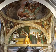 Geburt der Maria und segnender Gottvater, Detail der Fresken in San Michele al Pozzo Bianco, Bergamo, 1525