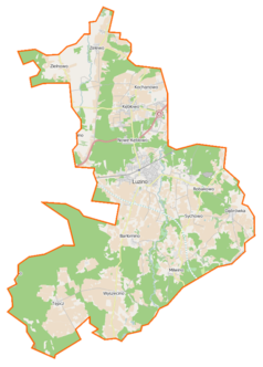 Mapa konturowa gminy Luzino, u góry znajduje się punkt z opisem „Kębłowo”