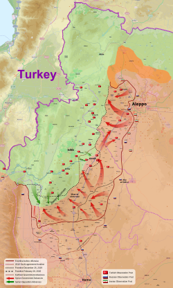 Északnyugat-szíriai helyzet 2020. március 8-án A térképen szerepelnek az orosz, török és iráni kiszögellések is.