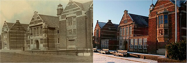 The Main School's West Face. The photo (left) was taken after construction in 1916. The photo (right) was taken in 2012.