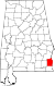 Harta statului Alabama indicând comitatul Henry