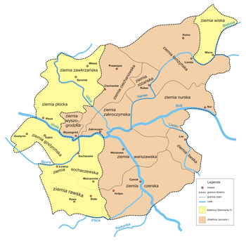 Map of Masovia between 1381 and 1426, with division between lands controlled by Siemowit IV and Janusz I of Warsaw, including Duchy of Wizna.