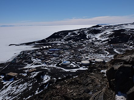 An aerial view of McMurdo Station, the largest research station in Antarctica