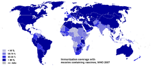 Immunization coverage with measles-containing vaccines in infants, in 2007 Measles vaccination worldwide.png