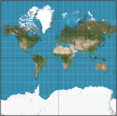 Spherical Normal (equatorial) Mercator (truncated at y = +-p, corresponding to approximately 85 degrees). MercNormSph.png