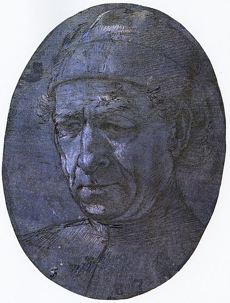 Portrait of Mino da Fiesole, metalpoint with white gouache on blue-grey prepared paper cut to an oval, Chatsworth House. Subject identified based on t