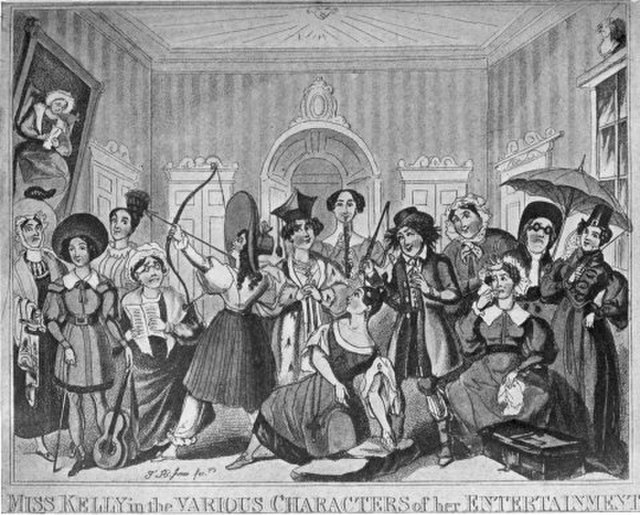 Fanny Kelly "Entertains" from "The Works of Charles Lamb". The original caption said "Mr Lamb having taken the liberty of addressing a slight complime
