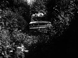 The station wagon on an abandoned logging road along Highway 21 Mississippi KKK Conspiracy Murders June 21 1964 CORE Ford Station Wagon Location On Logging Road.jpg