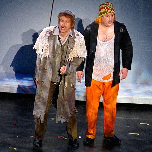 Mitchell (right) as Ginger on stage with Webb as Sir Digby Chicken Caesar during a performance of their The Two Faces of Mitchell and Webb stage tour