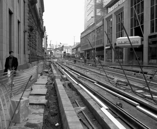 Mosley Street tram tracks being laid in 1990
