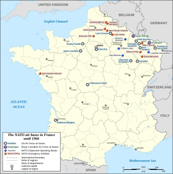 Map of NATO bases in France before the withdrawal of the integrated military command in 1966. NATO AB in France map-en.svg