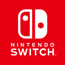 Biểu trưng của máy Nintendo Switch, bao gồm hai bộ điều khiển Joy-Con được cách điệu rất nhiều kèm theo dòng chữ "NINTENDO SWITCH" bên dưới.