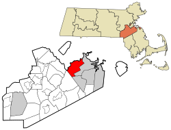 Norfolk County Massachusetts incorporated and unincorporated areas Milton highlighted.svg