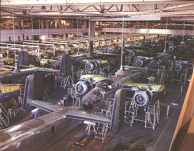 B-25 Mitchell bomber production line at the North American Aviation plant, Inglewood, California, October 1942. The plane's outer wings have yet to be