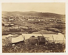 A view of the diggings from Old Post Office Hill in 1858. State Library Victoria pictures collection. Old Post Office Hill, Forest Creek.jpg
