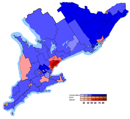 Map of Southern Ontario with the ridings shaded based on how they voted in the 2006 federal election.