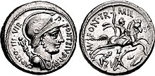 Denarius of Publius Fonteius Capito, 55 BC. On the obverse is Mars with a trophy behind. The reverse depicts a scene of martial bravery of a Manius Fonteius, charging two enemies. P. Fonteius Capito, denarius, 55 BC, RRC 429-1.jpg