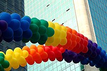 Decorative rainbow colored arches made of party balloons used at the pride parade in Sao Paulo, Brazil. Parada Gay em Sampa.jpg