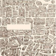 Mapa z 1552 roku przedstawiająca Paryż Nicolasa Flamela, jego domu na rogu rue de Marivaux i rue des Ecrivains na cmentarzu Niewiniątek