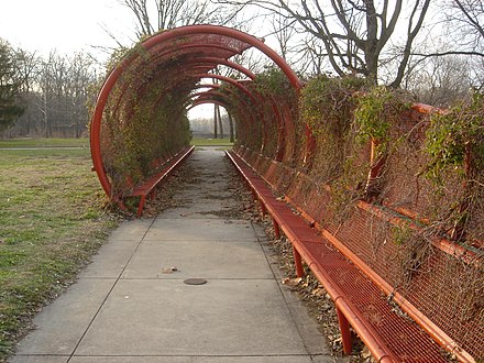 Parks in Columbus are dotted with art, such as this walk through tube and bench.