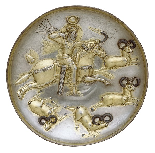 Plate of a Sasanian king hunting rams, perhaps Kavad I