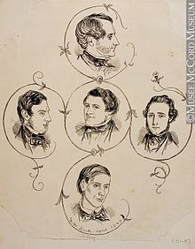 The five gentlemen portrayed are: J. M. Ferres, Editor; H. E. Montgomerie, Merchant; W. G. Mack, Barrister; Augustus Heward, Broker; Alfred Perry, Tradesman. By Frederick William Lock, engraved by John Henry Walker; a Punch in Canada Extra. Portraits of Five Gentlemen who were Unjustly Imprisoned M911 1 7 1-5.jpg