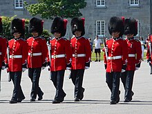 Black fur bearskins used by the Canadian Army includes coloured plumes. Releve de la garde - 2016-06-25 - 084.jpg