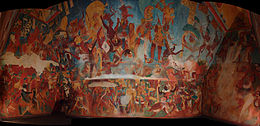 Increasing population and constant warfare among the Maya city-states over resources may have contributed to the eventual collapse of the Maya civilization by AD 900. Reproduction of Bonampak murals (panorama).JPG