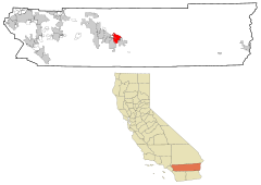 Riverside County Kalifornia Sisällytetyt ja rekisteröimättömät alueet Indio Highlighted.svg