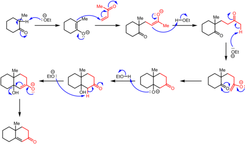 Arrow pushing for the Robinson annulation between 2-methylcyclohexan-1-one and but-2-en-3-one in the presence of sodium ethoxide as the base Robinson annulation.png