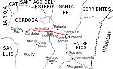 Carte de la route nationale 19 d'Argentine, reliant le Paraná (Santa Fe) à Córdoba.