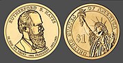 Thumbnail for File:Rutherford Hayes Presidential Golden Dollar, of 2011, 1 dollar.jpg