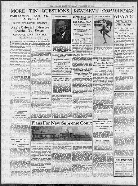 Page 11 in The Straits Times on 28 February 1935. The "Plans for a new Supreme Court" report would lead to the construction of the contemporary Old Su