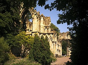 Ruins of the abbey church from the southern end Saitmarysruinssouth.jpg