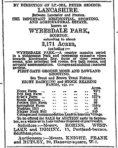 Advertisement for the sale of Wyresdale Park in the London Times in 1922.