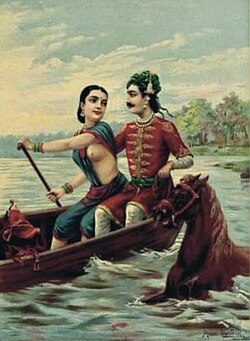 Ilustrasi "Satyawati (Matsyagandi) dan Raja Santanu", oleh Raja Ravi Varma.