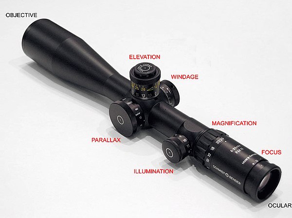 Schmidt & Bender 5-25×56 PM II LP telescopic sight, similar to the sight used by Harrison, and its adjustment controls