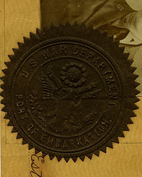 File:Seal of "U.S. WAR DEPARTMENT PORT OF EMBARKATION" IN 1918, FROM- Esther E. Leonard Certificate of Identity, September 3, 1918 (cropped).jpg