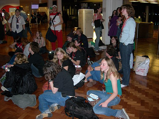 Attendees of Sectus convention in London await the midnight release of Harry Potter and the Deathly Hallows