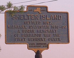 A historic marker plaque on Shelter Island explaining the history of the area.