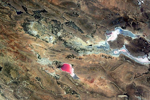 ESA astronaut Samantha Cristoforetti of Italy who is photographing Earth from the International Space Station, taken  May 22, 2015, Pink area is Maharloo lake