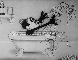 Mike Spivey wrote that the game reminded him of a 1930s screwball comedy or a classic Looney Tunes cartoon, Bosko playing the shower spray as a harp in Sinkin' in the Bathtub (1930) depicted. Sinkin in the Bathtub (still).jpg