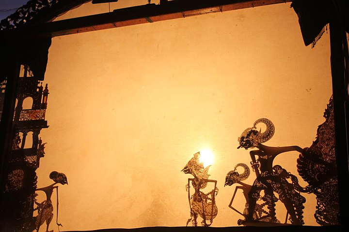 A wayang kulit (leather shadow puppet) performance using kelir (thin fabric) as a border between the puppeteer (dalang) who plays the puppets and the audience